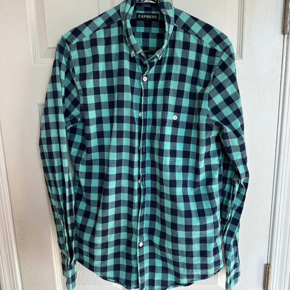 Express Green Blue Button Down Medium - image 1